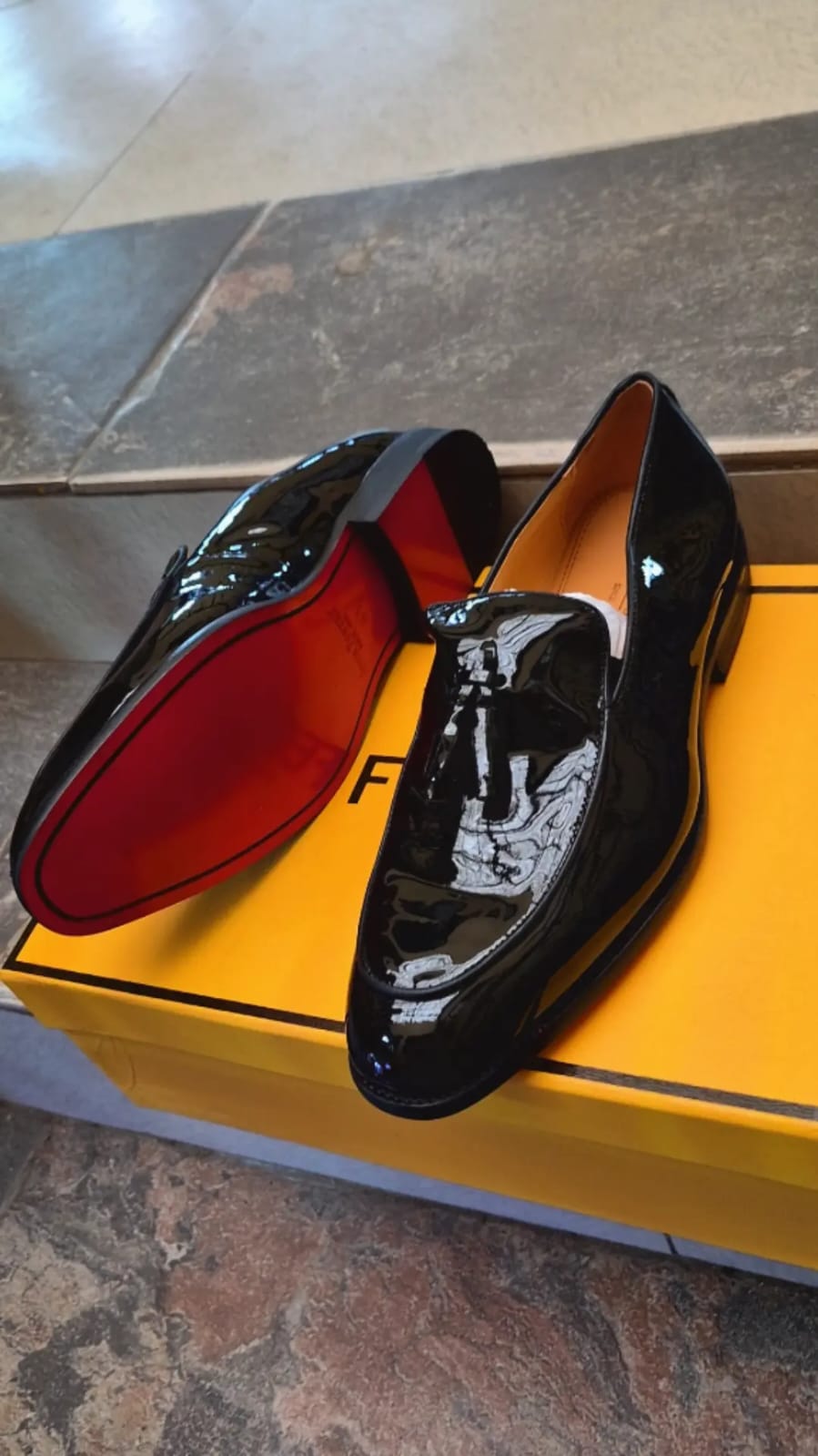 John Foster Men's Black Patent Leather Tassel Loafers with Signature Red Sole